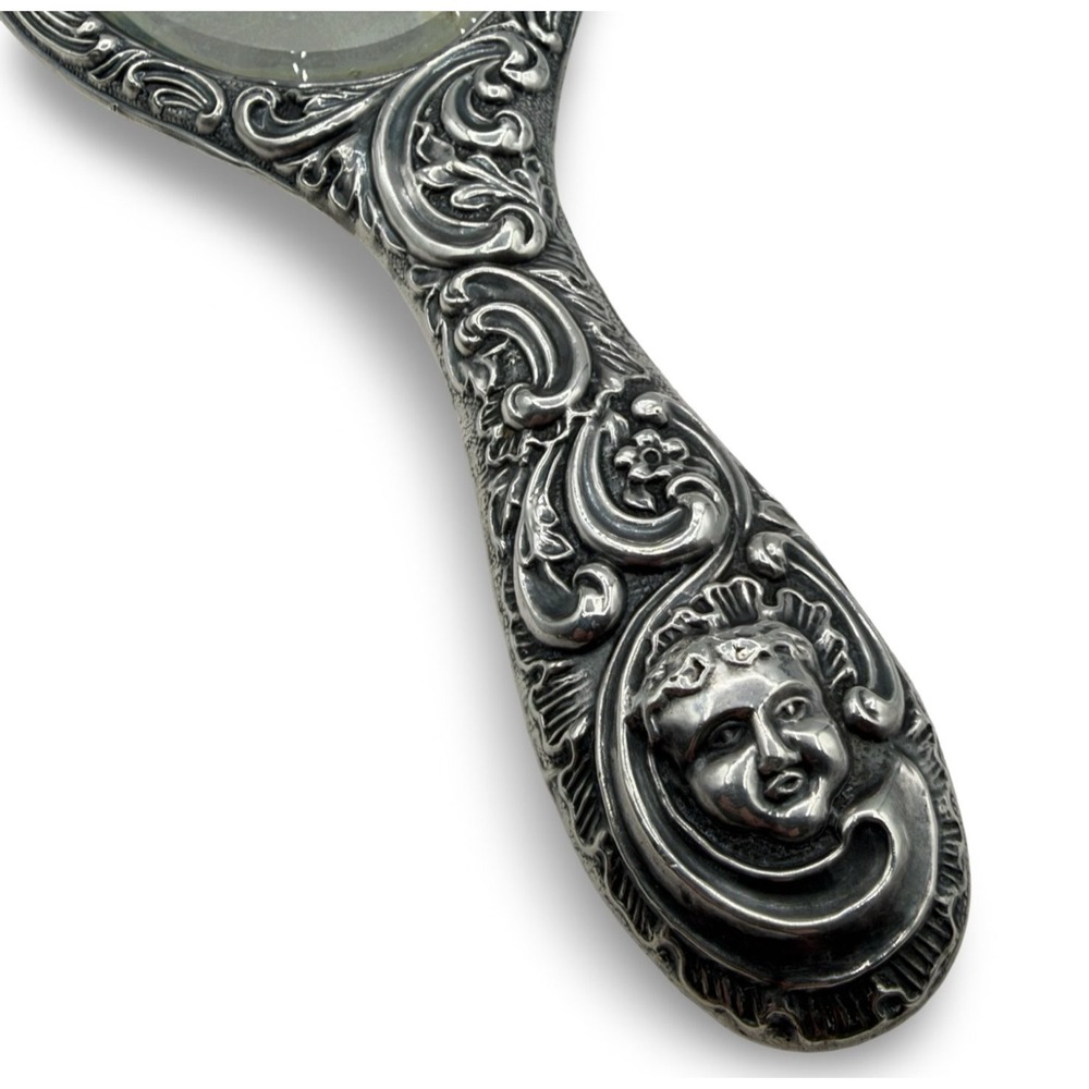Antique 1903 Sterling Silver Hand Mirror William Aitken Birmingham Cherub Mask
